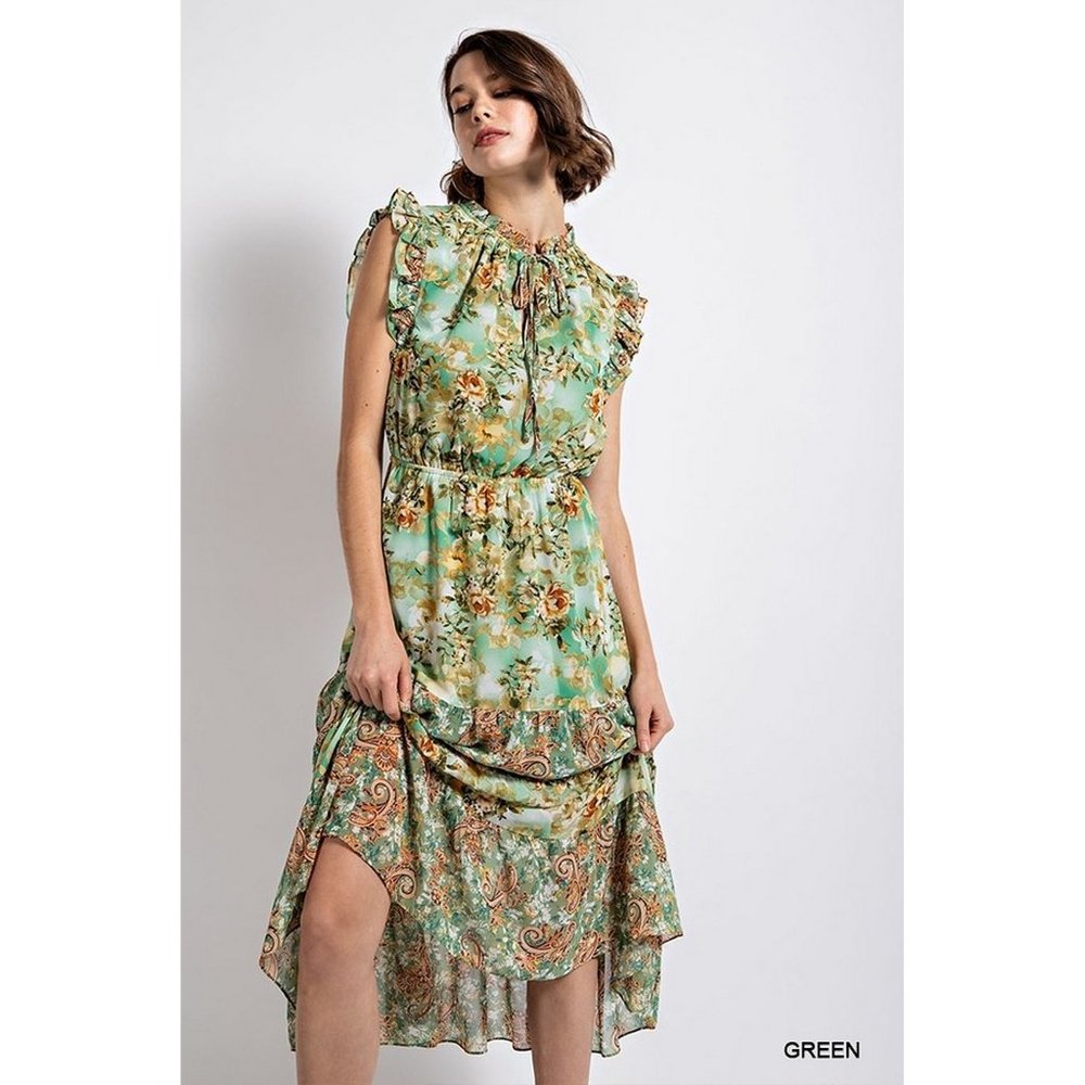 Green Floral Midi Dress - Romantic Ruffled Midi
